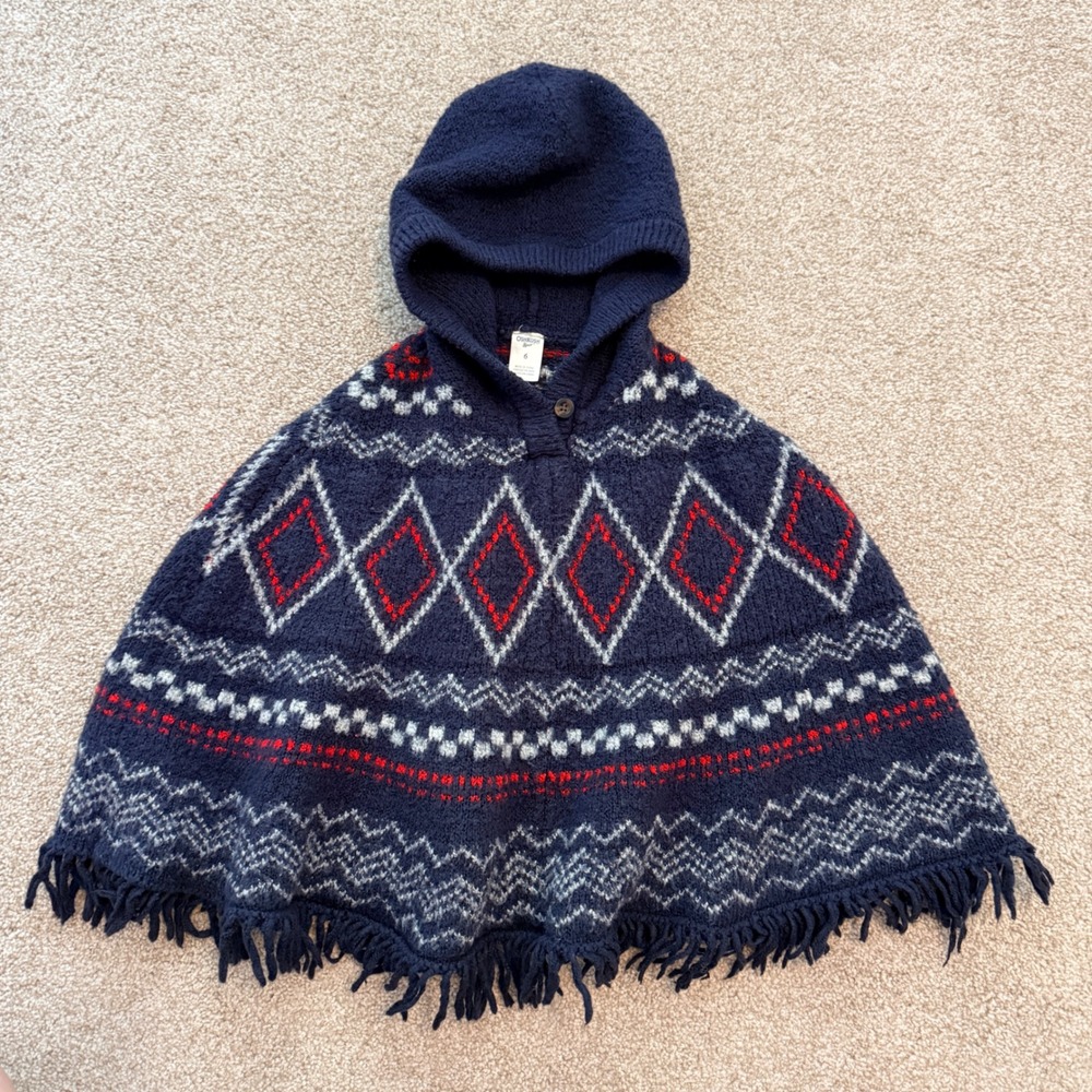 OshKosh B'gosh Knit Hooded Poncho Girls Size 6 Navy Blue Fair Isle Fringed Cape